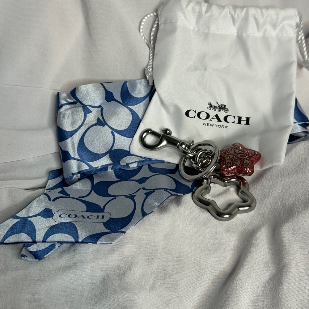 Coach BUNDLE….Silver and Pink Star Keychain with blue Twilly and dust bag - Picture 2 of 3